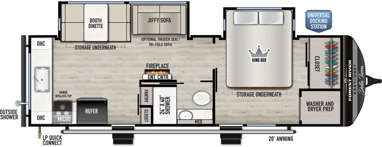 The Della Terra 263RK floorplan has two entries and two slide outs. Exterior features include: metal exterior and 20' awning. Interiors features include: rear kitchen and front bedroom.